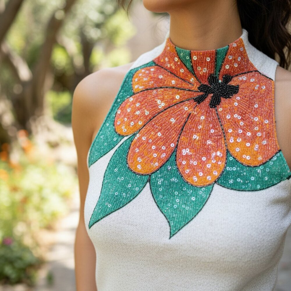 Metallic Silk floral top sequins vintage blouse sleeveless Unique Summer Top
